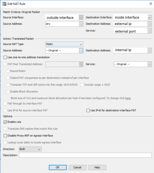 Screenshot of a NAT rule in Cisco ASDM