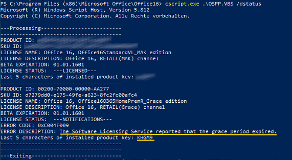 Output of ospp.vbs