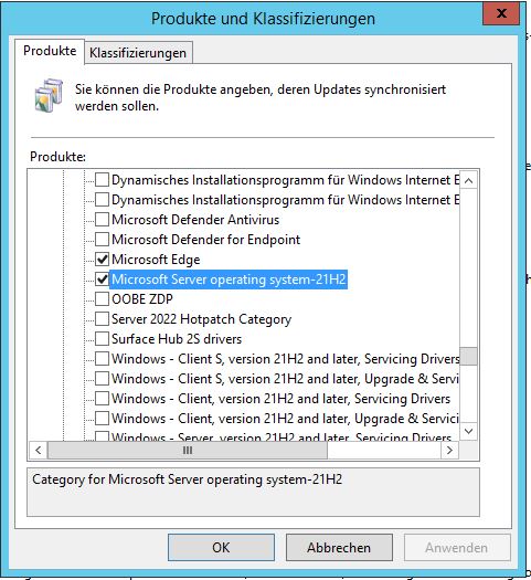 WSUS Products and Classifications for Windows Server 2022